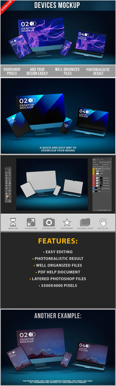 暗黑背景浮动苹果手机电脑设备样机 (PSD)