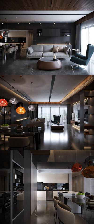 带厨房和餐厅的暗色系客厅设计 客厅场景3D模型（MAX）