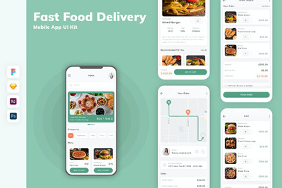 快餐配送手机应用App UI Kit (SKETCH,FIG,XD,PSD)