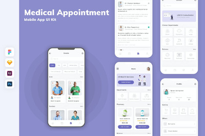 医疗预约移动应用App UI Kit (SKETCH,FIG,XD,PSD)