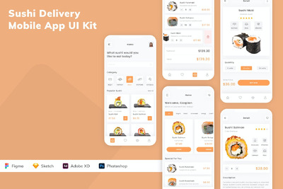 寿司外卖移动应用App UI Kit (SKETCH,FIG,XD,PSD)