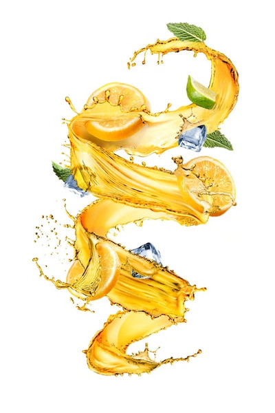 冰块薄荷叶黄色飞溅橙汁高清背景图片素材[JPG]