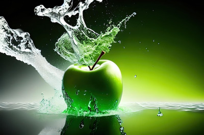 水花飞溅新鲜青苹果高清背景图片素材[JPG]
