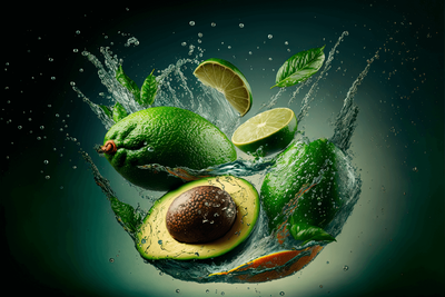 绿色酸橙和鳄梨水花水滴飞溅高清背景图片素材[JPG]