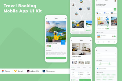 旅行预订手机应用APP UI KIT (SKETCH,FIG,XD,PSD)