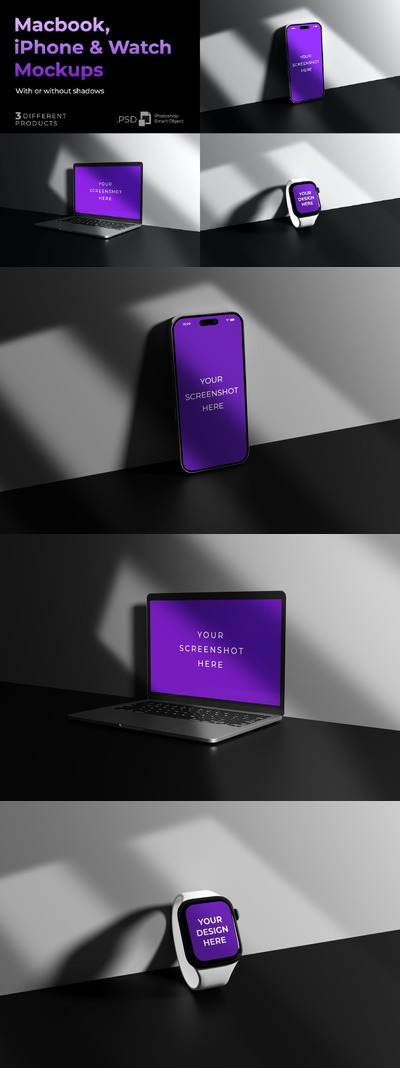 Macbook, iPhone 和 智能手表产品样机 (PSD)