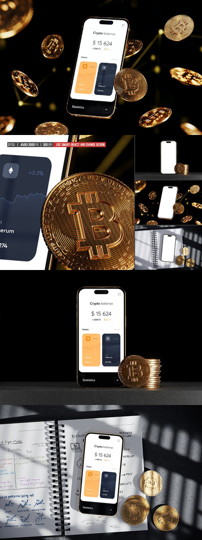 iPhone 14 PRO 带金币的场景展示样机 (PSD)