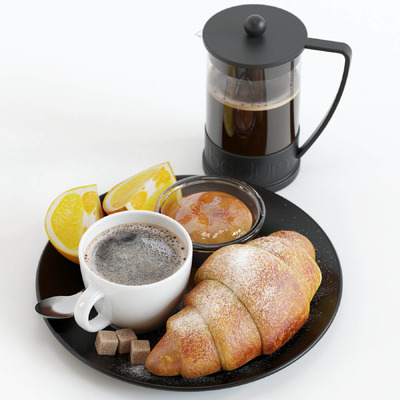 托盘中的羊角面包 咖啡 橙子等食物组合3D模型（MAX）