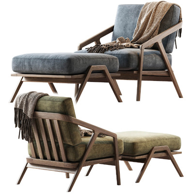 KATAKANA带脚凳的木质机构 厚布艺软垫扶手椅 单人沙发3D模型（OBJ,FBX,MAX）