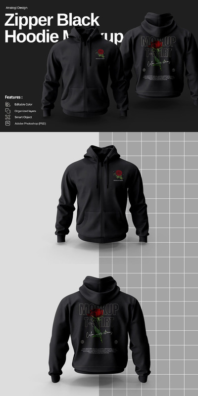 拉链黑色连帽衫实物模型样机 (PSD)