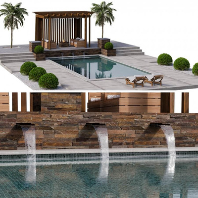 包含凉亭 绿植的室外游泳池3D模型（OBJ,MAX）