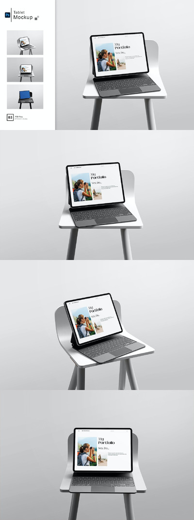 椅子上的魔法键盘iPad电脑样机模板 (PSD)