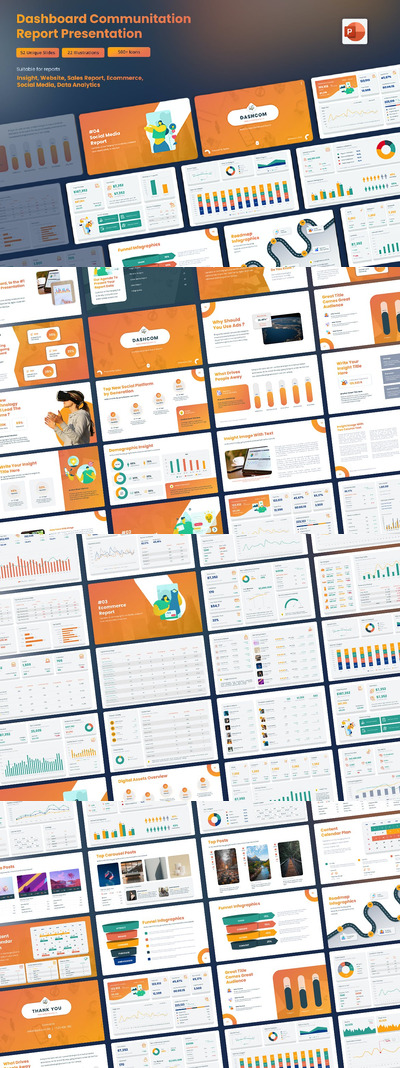 仪表板通信报告ppt图表模板 (PPTX)