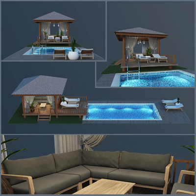 带躺椅沙发茶几的木质室外凉亭和游泳池3D模型（FBX,MAX）