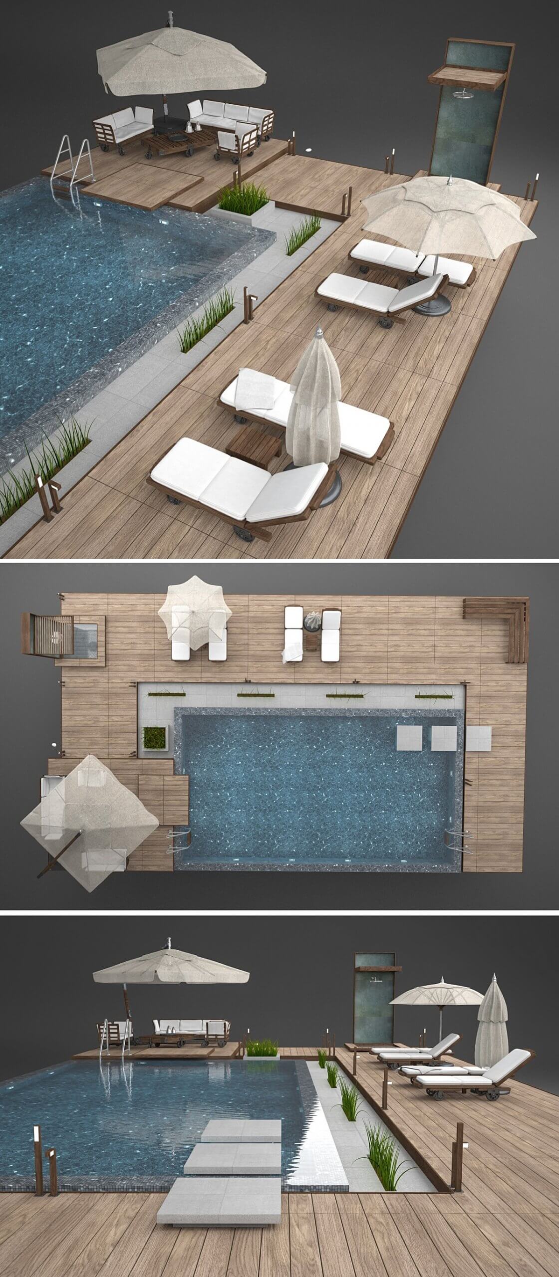 包含太阳伞 躺椅 凉亭的户外游泳池3D模型（FBX,MAX）