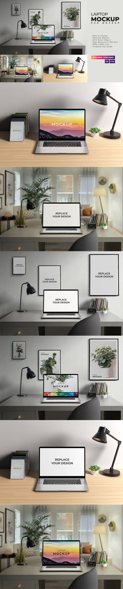 办公桌场景MacBook笔记本电脑样机 (PSD,JPG)