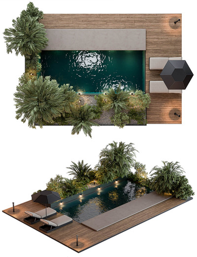 包含茂盛绿植和日光浴床的室外游泳池3D模型（OBJ,MAX）