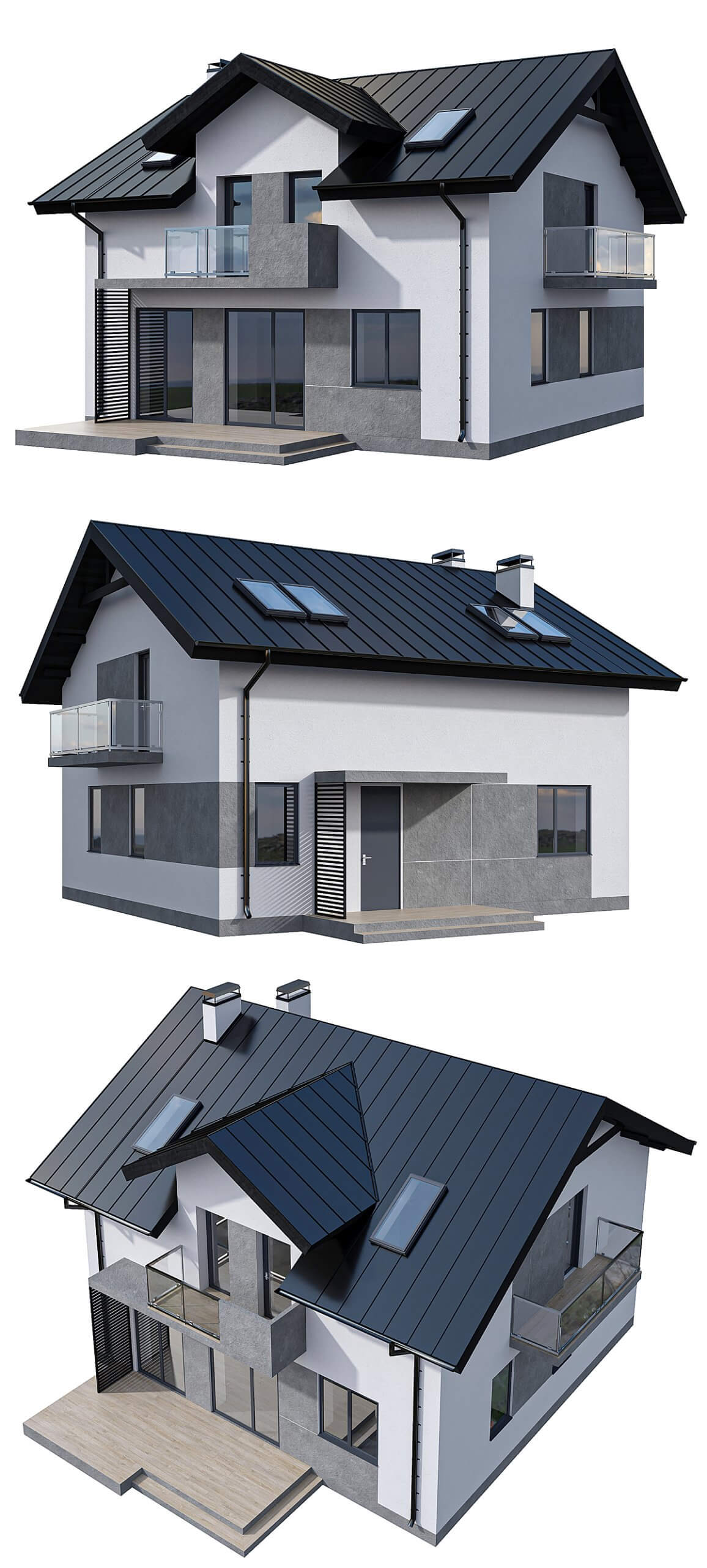 带阳台和天窗的现代两层住宅房屋 建筑3D模型（FBX,MAX）