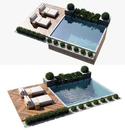 包含绿植和日光浴床的室外游泳池3D模型（FBX,MAX）
