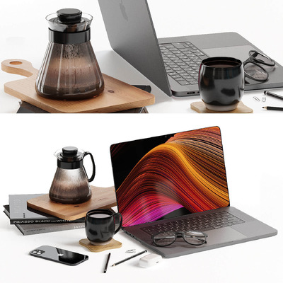 包含电脑 手机 咖啡和文具的工作桌面 工作场景3D模型（OBJ,MAX）