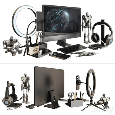 包含苹果一体机 耳机 手机 环形灯和文具的工作桌面装饰组合3D模型（FBX,MAX）