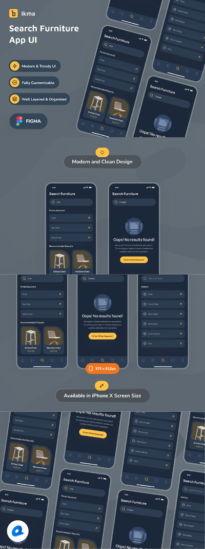 搜索家具暗模式应用App UI Kit (FIG)