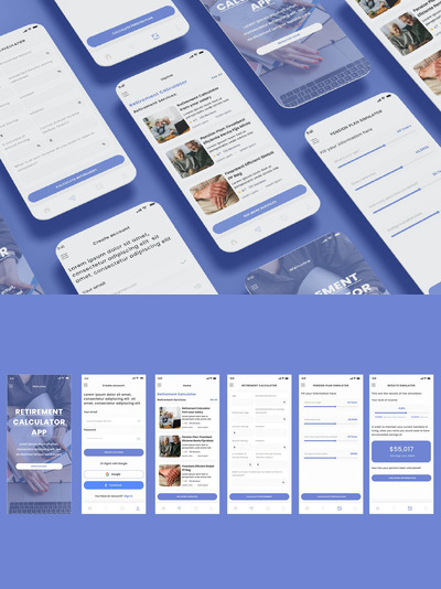 退休计算器和养老金计划模拟器应用App UI Kit (FIG,SKETCH,PSD,XD)