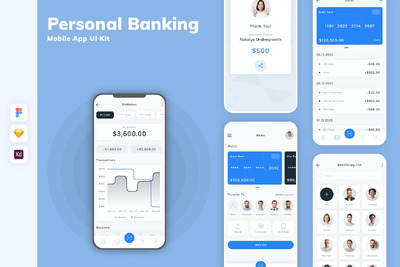 个人银行手机应用App UI Kit (SKETCH,FIG,XD)