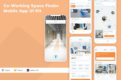 远程协作空间查找器移动应用App UI Kit (SKETCH,FIG,XD)