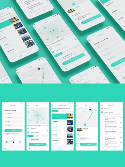 出租车预订、司机服务和拼车司机应用App UI Kit (XD,SKETCH,FIG,PSD)