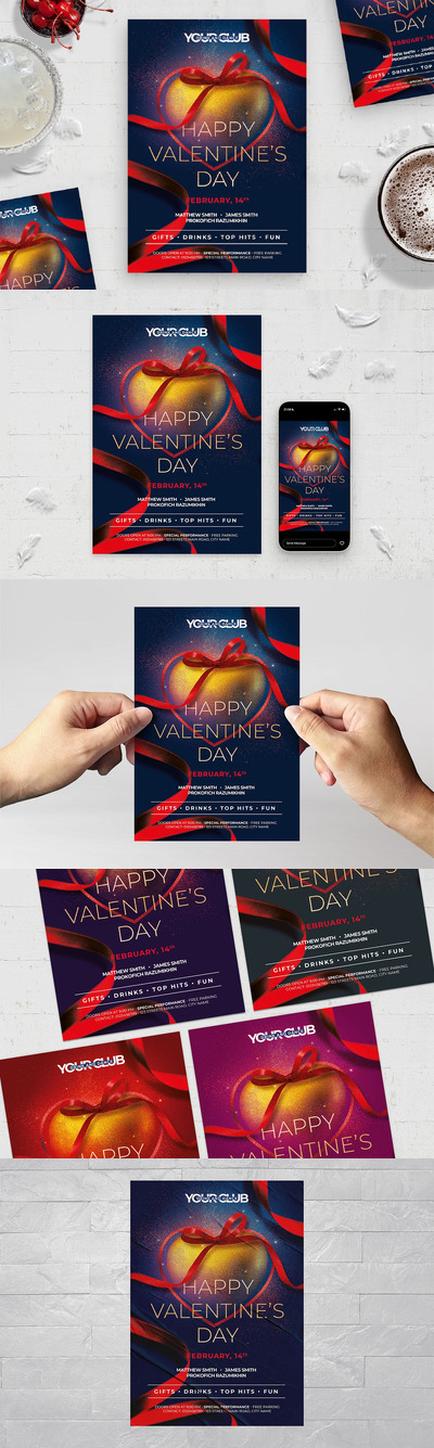 丝带爱心情人节活动海报传单模板 (PSD)