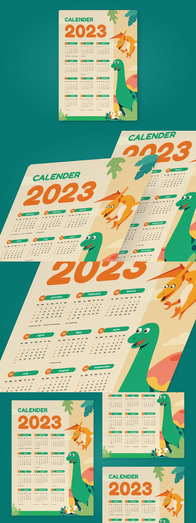 可爱卡通恐龙年份日历设计模板 (AI,EPS,PSD)