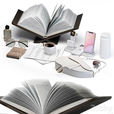 包含手机 手提包 咖啡 书籍等的边桌桌面装饰组合3D模型（OBJ,FBX,MAX）