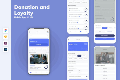 捐赠和忠诚度手机应用App UI Kit (FIG,PSD,SKETCH,XD)