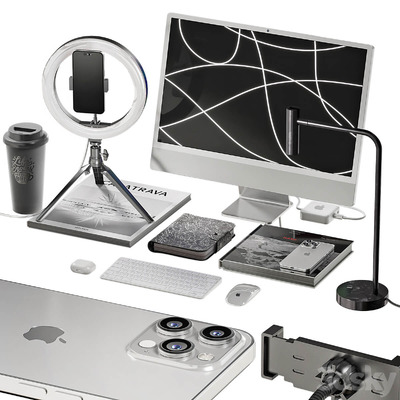 包含电脑 手机 环形灯 咖啡和文具的工作桌面 工作场景3D模型（OBJ,MAX）