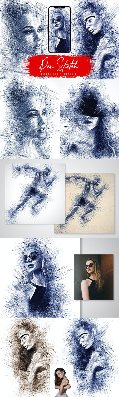 钢笔素描Photoshop动作 (ABR,ATN,PAT)