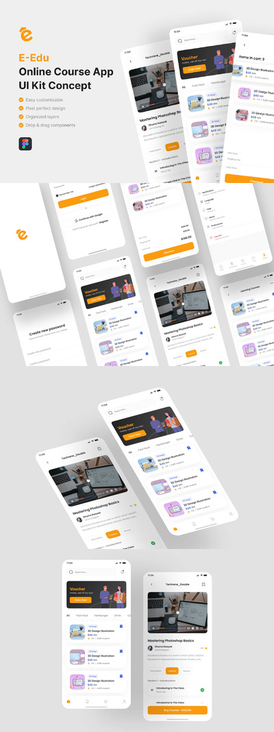 E-Edu_在线课程应用App UI Kit (FIG)