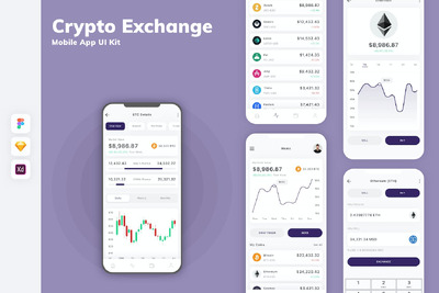 加密交换移动应用App UI Kit (SKETCH,FIG,XD)