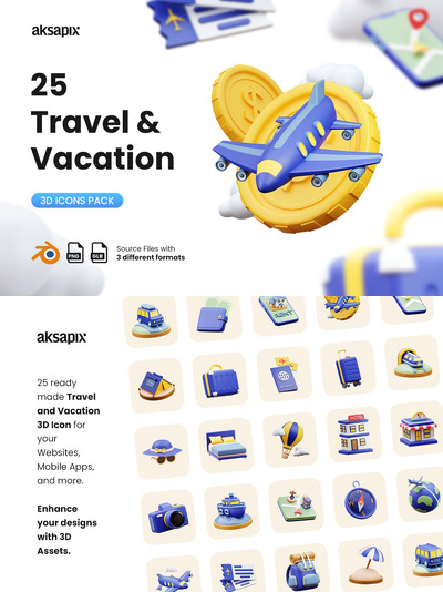 旅行和度假3D图标 (PNG,glb,blend)