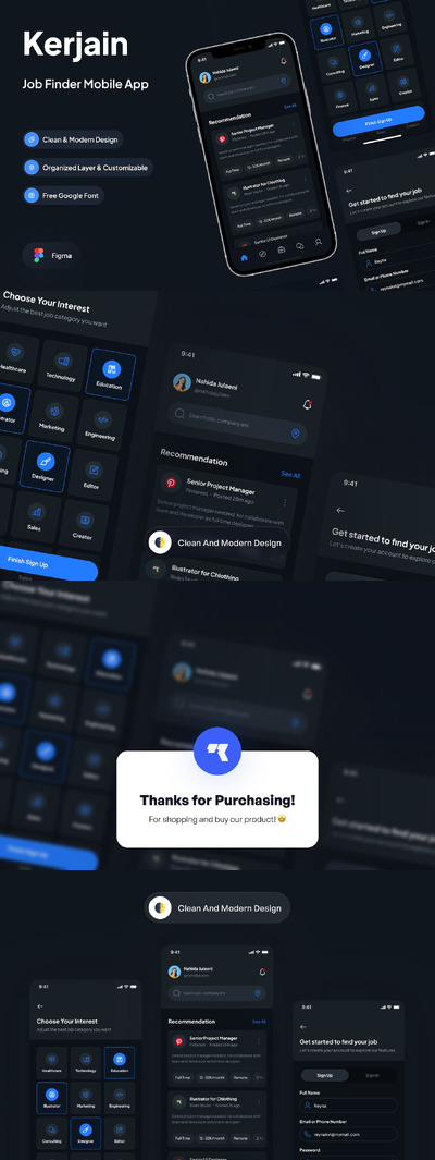 黑暗模式求职者手机 APP UI KIT (FIG)