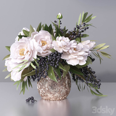 装饰花瓶中的牡丹花束 葡萄和枝叶3D模型（MAX）