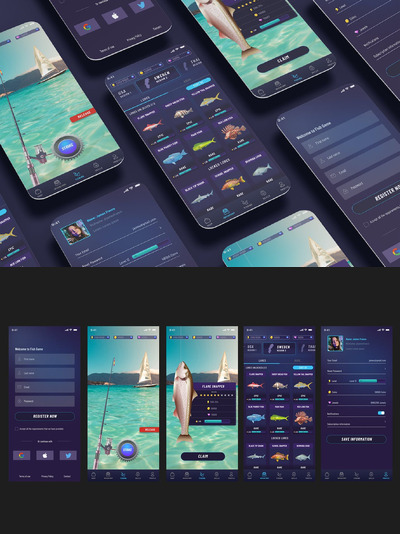 休闲钓鱼游戏和钓鱼黑暗风格手机应用App UI Kit (FIG,PSD,SKETCH,XD)