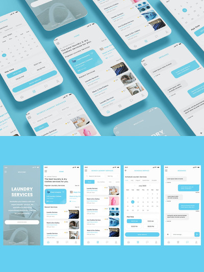 洗衣、洗衣和干洗服务及清洁应用App UI Kit (FIG,XD,PSD,SKETCH,SVG)
