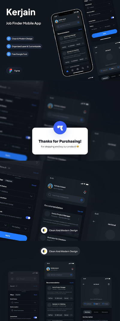 黑暗模式工作作业详细信息页面App UI Kit (FIG)