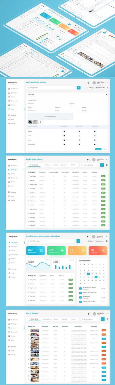 酒店预订房间和客人后台管理面板UI (FIG,PSD,SKETCH,SVG,XD)
