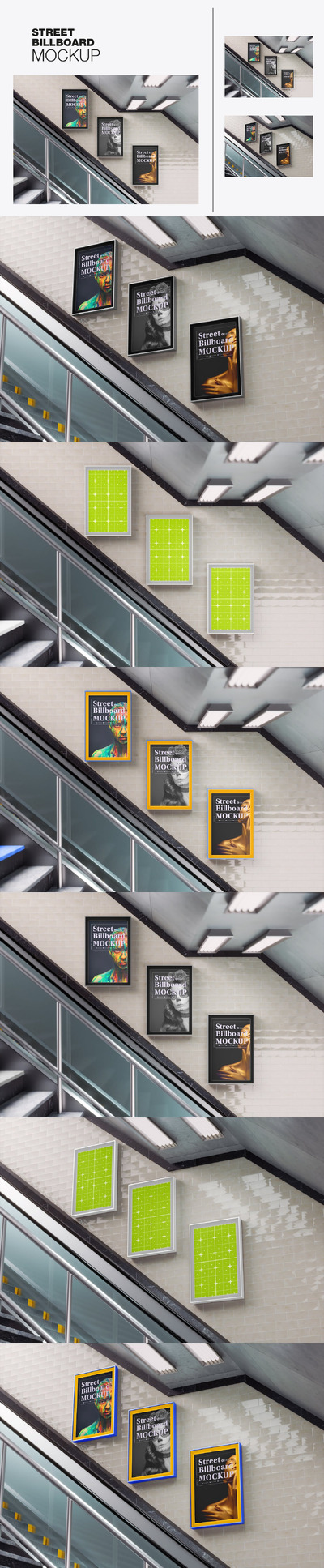地铁场景与3张广告海报实物模型样机 (PSD)