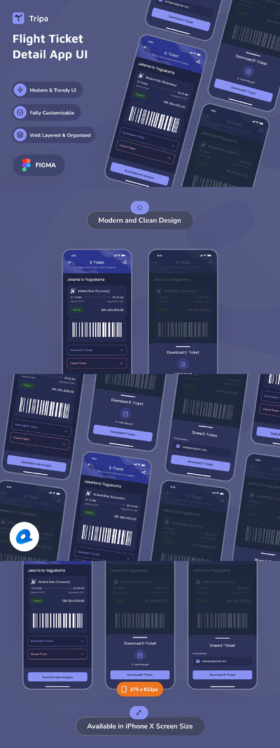 机票详情黑暗模式应用App UI Kit (FIG)