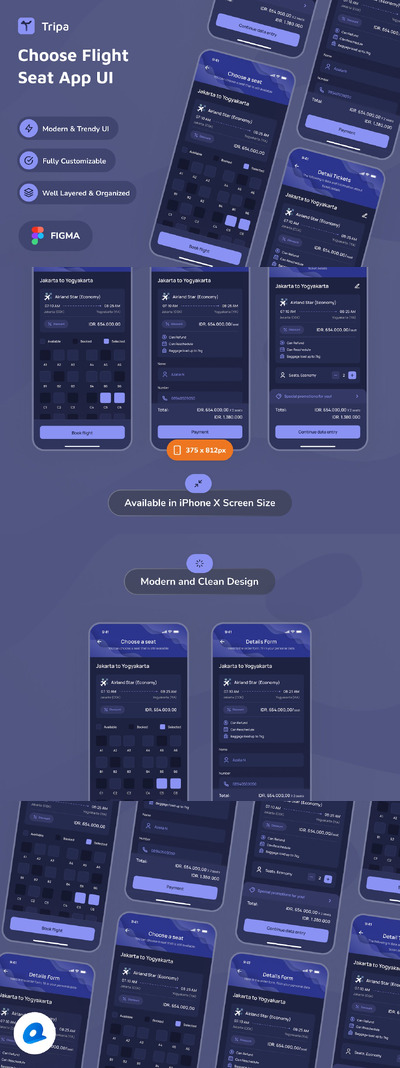 飞机座位暗模式应用App UI Kit (FIG)
