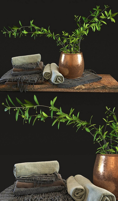 装饰花瓶中的橄榄枝和毛巾卷组合3D模型（OBJ,FBX,MAX）