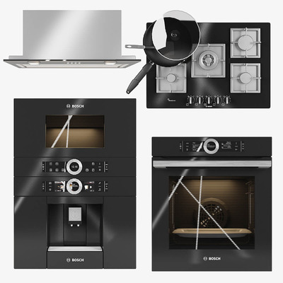 Bosch博世咖啡机 燃气灶 油烟机和烤箱 厨房电器组合3D模型（FBX,MAX）